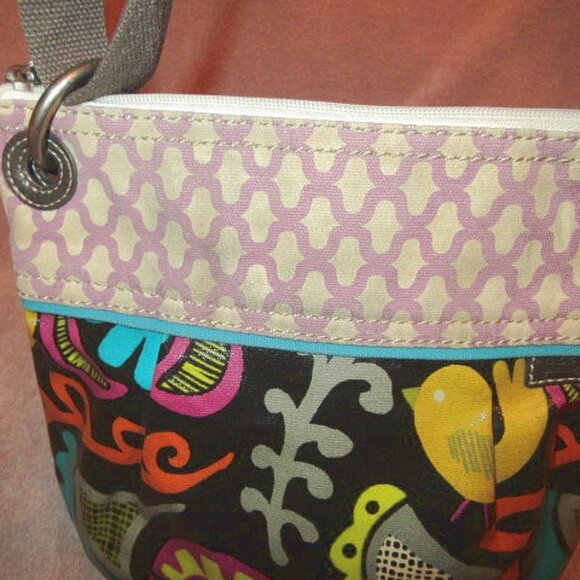 Vtg Y2K Fossil Key-Per Coated Canvas Crossbody Shoulder Bag Hobo Funky Bird Art - Picture 12 of 13